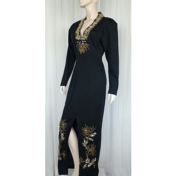 Vtg 80s black beaded wool wiggle cocktail dress evening gown M - Picture 4 of 10